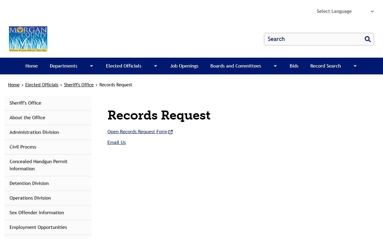 Morgan County jail mugshot records request page